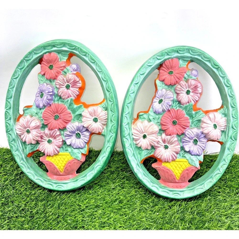 Vintage Floral Wall Plaques Set of 2 Chalkware Syroco Style Pastel Flowers Chips